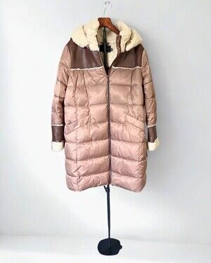 Tahari Demi Long Puffer Coat XXL Faux Shearling Faux Leather Hood NWT